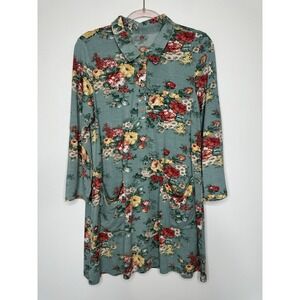 April Cornell Mini Dress Tunic Top Size XS Green Floral Roll tab Sleeves